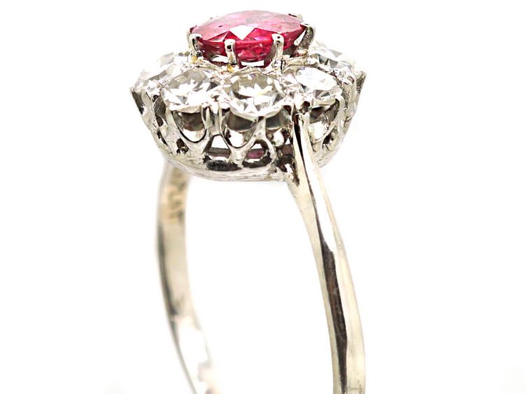 Mid Century 18ct White Gold & Platinum, Ruby & Diamond Cluster Ring