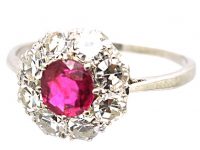 Mid Century 18ct White Gold & Platinum, Ruby & Diamond Cluster Ring