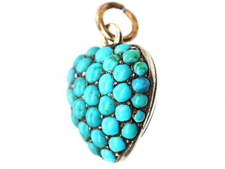 Victorian 9ct Gold Heart Pendant Pave set with Turquoise