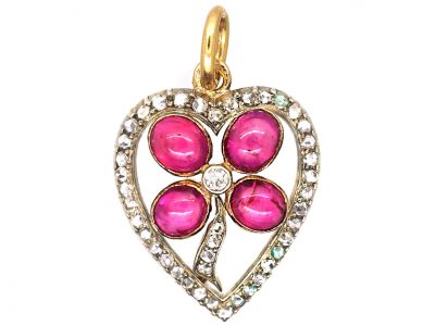 Early 20th Century Heart Shaped Pendant set with Cabochon Rubies & Rose Diamonds