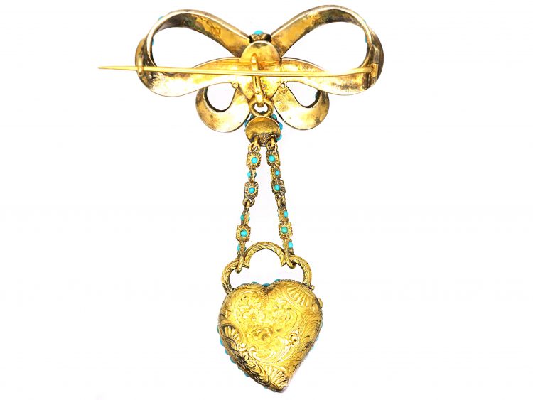 Early Victorian 15ct Gold Bow Brooch & Weeping Heart Vinaigrette Padlock set with Turquoise