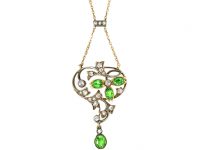 Edwardian 15ct Gold & Silver, Green Garnet & Diamond Pendant on Chain