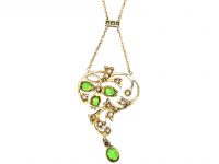 Edwardian 15ct Gold & Silver, Green Garnet & Diamond Pendant on Chain