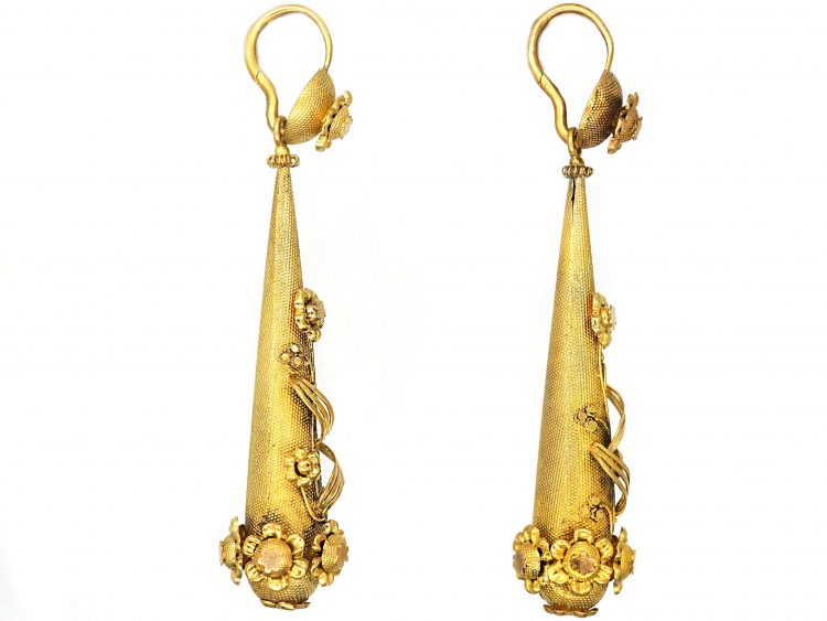 Georgian 15ct Gold Drop Earrings with Flower Motifs