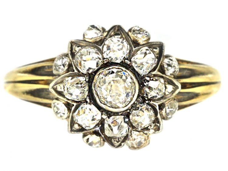 Victorian 18ct Gold & Silver Flower Cluster Ring set with Diamonds