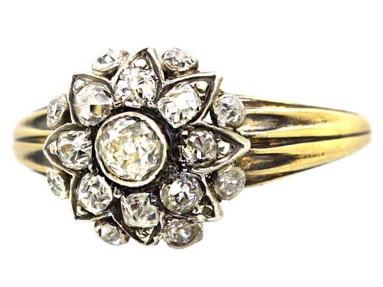 Victorian 18ct Gold & Silver Flower Cluster Ring set with Diamonds