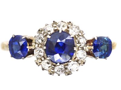 Edwardian 18ct Gold, Three Stone Sapphire & Diamond Cluster Ring