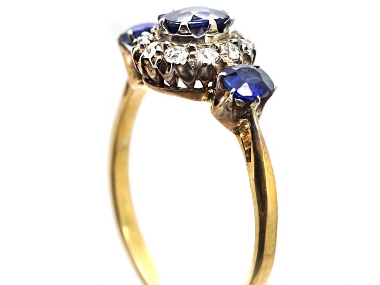 Edwardian 18ct Gold, Three Stone Sapphire & Diamond Cluster Ring