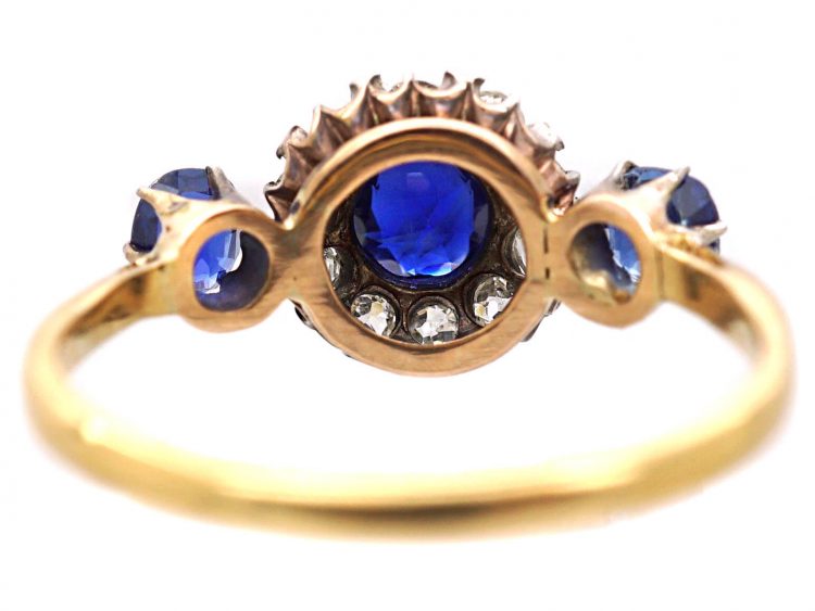 Edwardian 18ct Gold, Three Stone Sapphire & Diamond Cluster Ring