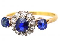 Edwardian 18ct Gold, Three Stone Sapphire & Diamond Cluster Ring