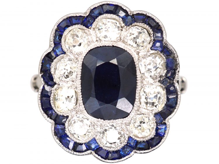 Early 20th Century French Large Platinum Sapphire & Diamond Flower Cluster Ring