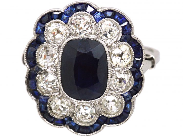 Early 20th Century French Large Platinum Sapphire & Diamond Flower Cluster Ring