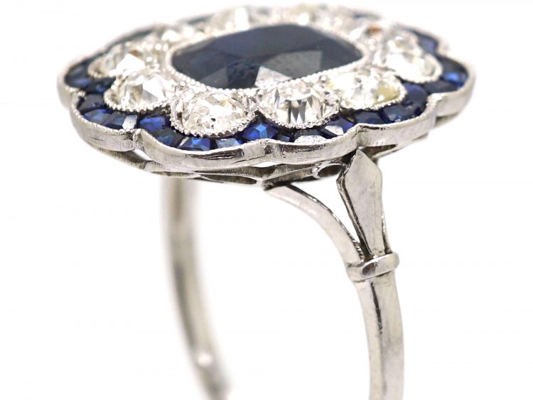 Early 20th Century French Large Platinum Sapphire & Diamond Flower Cluster Ring