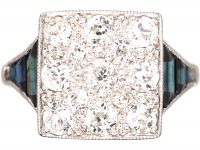 Art Deco Platinum Square Ring set with Diamonds with Sapphire set Shoulders