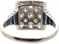 Art Deco Platinum Square Ring set with Diamonds with Sapphire set Shoulders