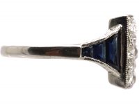 Art Deco Platinum Square Ring set with Diamonds with Sapphire set Shoulders