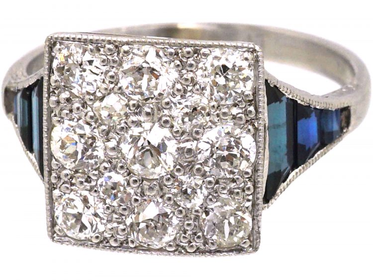 Art Deco Platinum Square Ring set with Diamonds with Sapphire set Shoulders