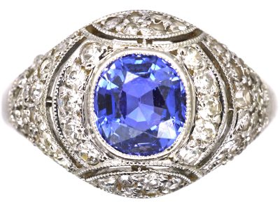 Art Deco Platinum, Sapphire & Diamond Cluster Ring