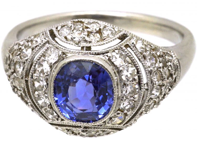 Art Deco Platinum, Sapphire & Diamond Cluster Ring