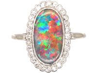 Edwardian 18ct White Gold & Platinum, Black Opal & Diamond Cluster Ring