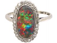 Edwardian 18ct White Gold & Platinum, Black Opal & Diamond Cluster Ring