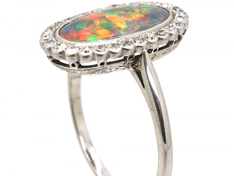 Edwardian 18ct White Gold & Platinum, Black Opal & Diamond Cluster Ring