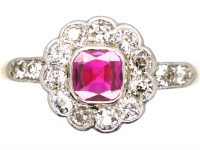 Edwardian 18ct Gold & Platinum, Ruby & Diamond Cluster Ring with Diamond set Shoulders