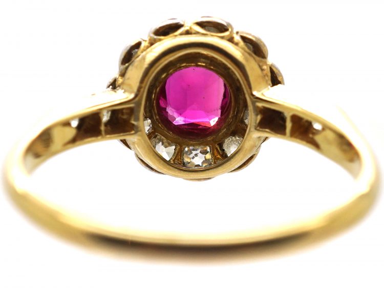 Edwardian 18ct Gold & Platinum, Ruby & Diamond Cluster Ring with Diamond set Shoulders