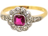 Edwardian 18ct Gold & Platinum, Ruby & Diamond Cluster Ring with Diamond set Shoulders