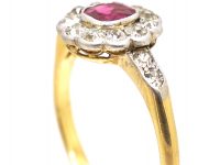 Edwardian 18ct Gold & Platinum, Ruby & Diamond Cluster Ring with Diamond set Shoulders