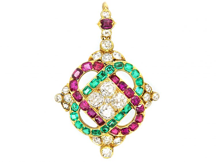 Victorian 18ct Gold Holbeinesque Pendant set with Emeralds, Rubies & Diamonds