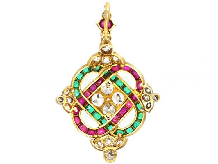 Victorian 18ct Gold Holbeinesque Pendant set with Emeralds, Rubies & Diamonds