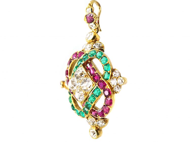 Victorian 18ct Gold Holbeinesque Pendant set with Emeralds, Rubies & Diamonds