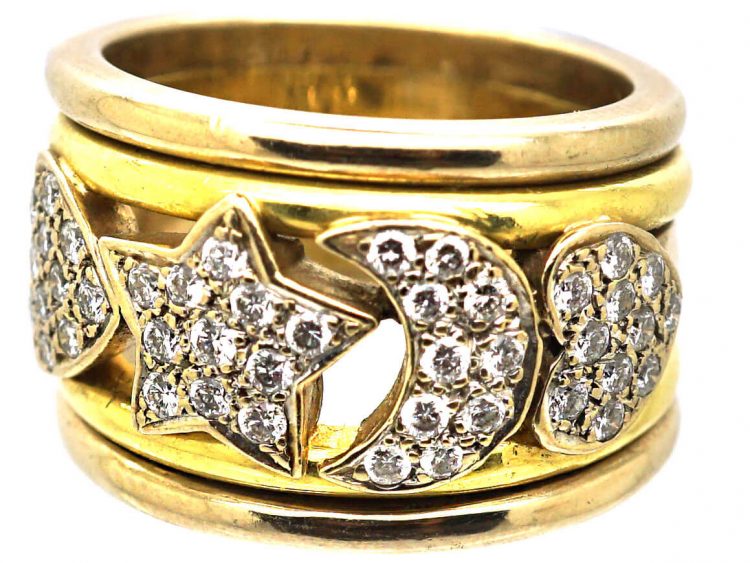 French Import 18ct Gold, Moon, Hearts & Stars Ring set with Diamonds