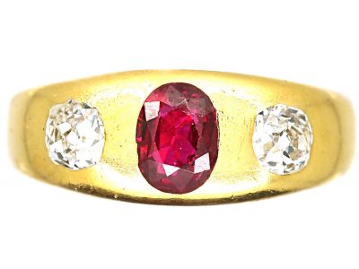 Victorian 18ct Gold Rub Over Set Three Stone Ruby & Diamond Ring