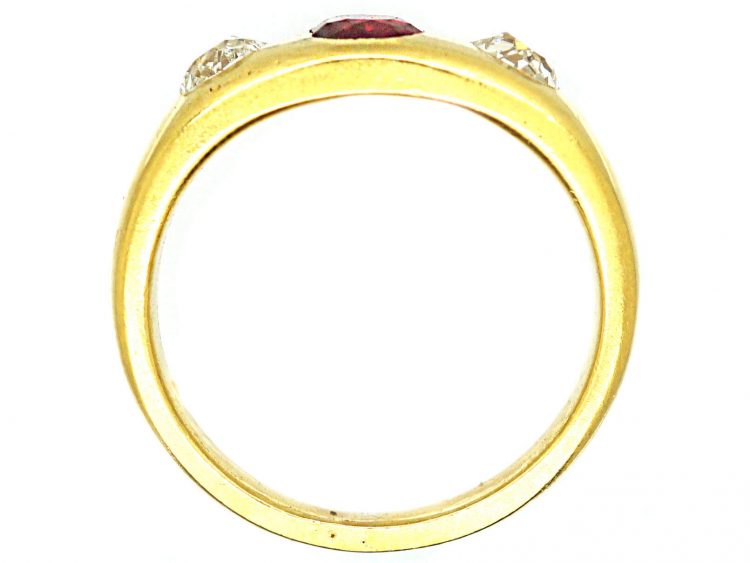 Victorian 18ct Gold Rub Over Set Three Stone Ruby & Diamond Ring