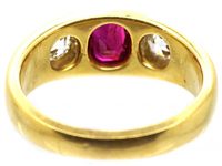 Victorian 18ct Gold Rub Over Set Three Stone Ruby & Diamond Ring