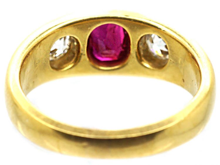 Victorian 18ct Gold Rub Over Set Three Stone Ruby & Diamond Ring