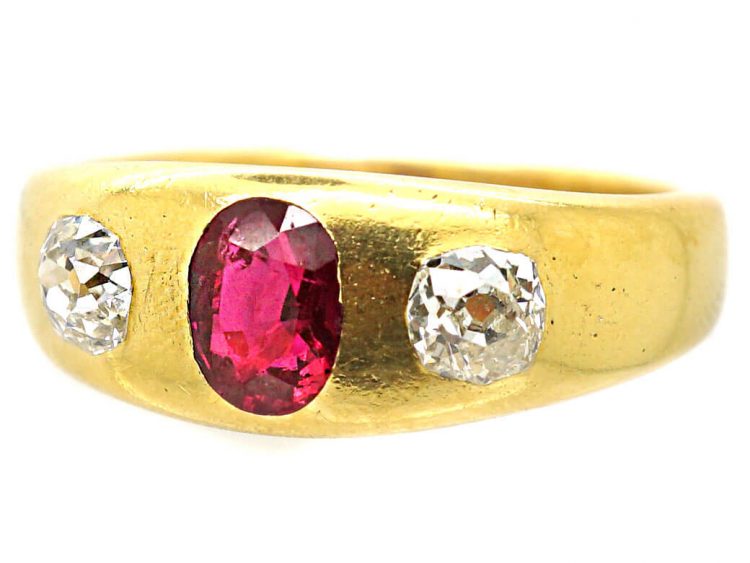 Victorian 18ct Gold Rub Over Set Three Stone Ruby & Diamond Ring