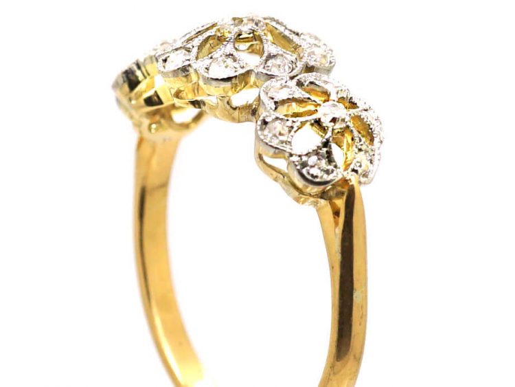 Edwardian 18ct Gold & Platinum, Pierced Triple Cluster Ring set with Diamonds