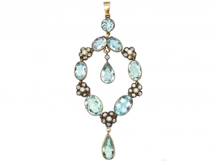 Edwardian Large 15ct Gold & Platinum, Aquamarine, Natural Split Pearl & Rose Diamond Pendant