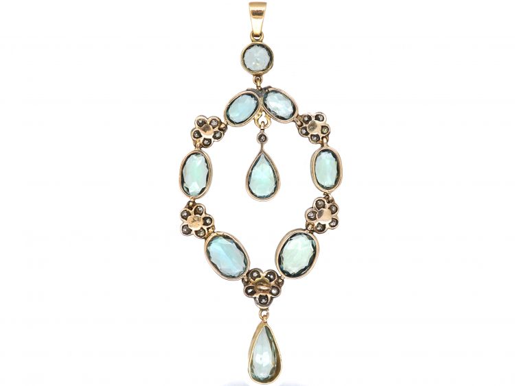 Edwardian Large 15ct Gold & Platinum, Aquamarine, Natural Split Pearl & Rose Diamond Pendant