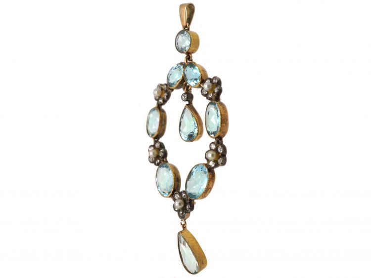 Edwardian Large 15ct Gold & Platinum, Aquamarine, Natural Split Pearl & Rose Diamond Pendant