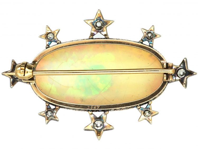 Edwardian 15ct Gold & Silver Galaxy & Stars Brooch set with a Large Opal & Diamonds