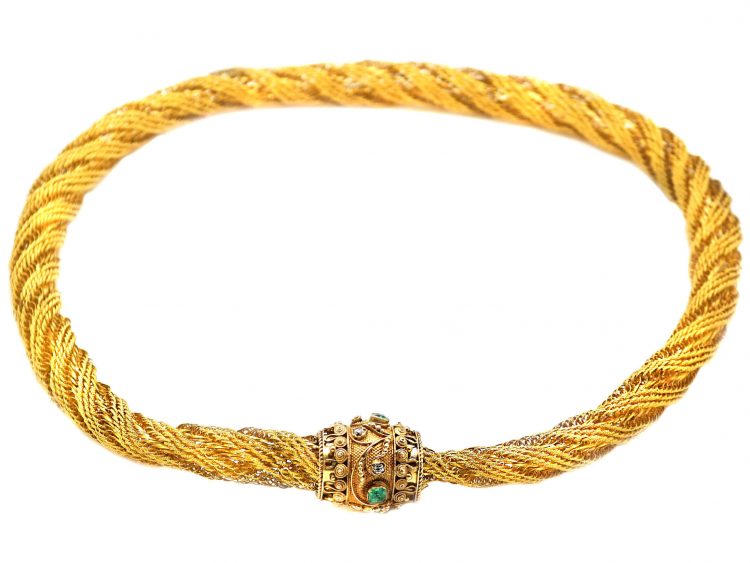 Georgian 18ct Gold Woven Collar with Barrel Clasp set with Emeralds & Diamonds