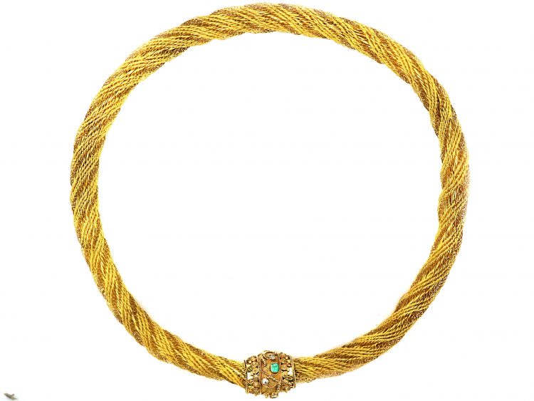 Georgian 18ct Gold Woven Collar with Barrel Clasp set with Emeralds & Diamonds