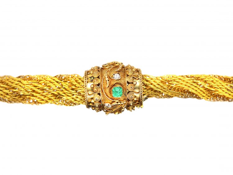 Georgian 18ct Gold Woven Collar with Barrel Clasp set with Emeralds & Diamonds