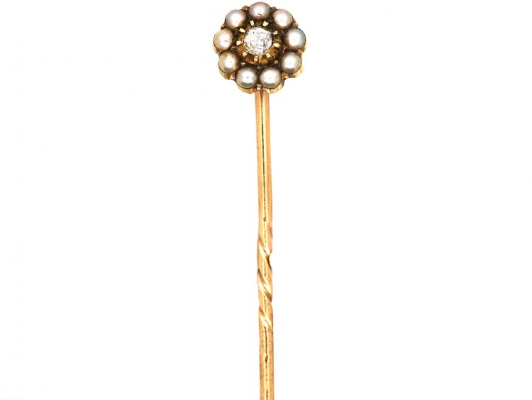 Victorian 15ct Gold Cluster Tie Pin set with a Diamond & Natural Split Pearls