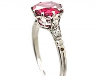 Early 20th Century Platinum, Red Spinel Solitaire Ring with Diamond set Shoulders