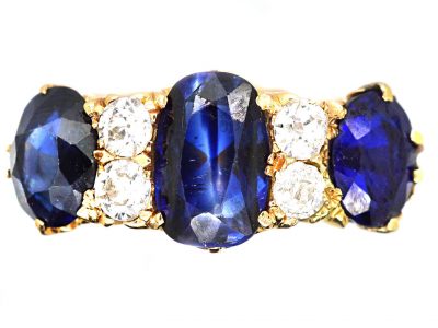 Victorian 18ct Gold Carved Half Hoop Three Stone Sapphire & Diamond Ring